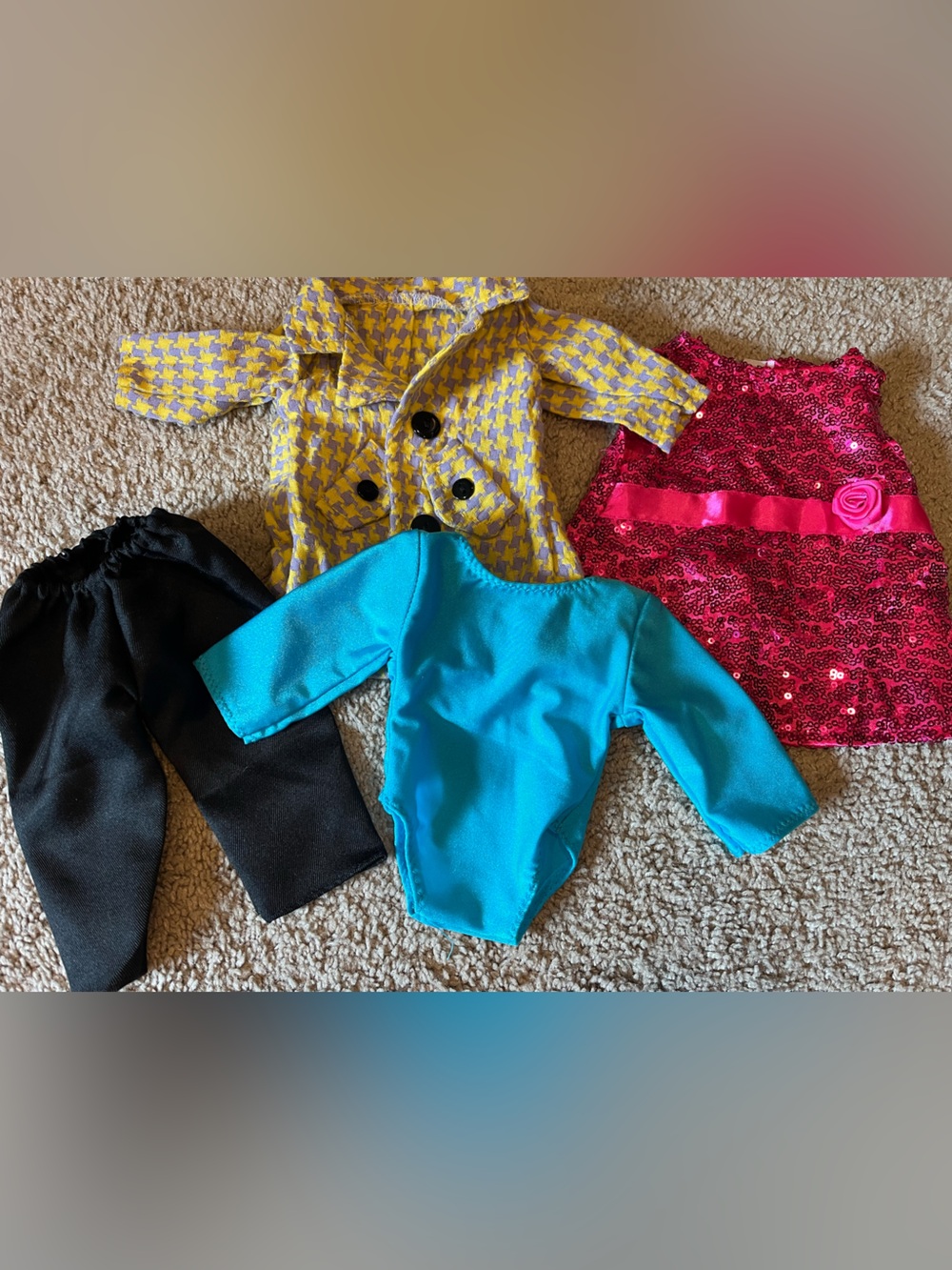 18” Doll Clothing Assortment: pants, party dress, leotard + trench coat